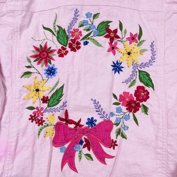 Vintage Quacker Factory Jacket Women Large Pink Embroidered Flower Linen Boho - Picture 8 of 16